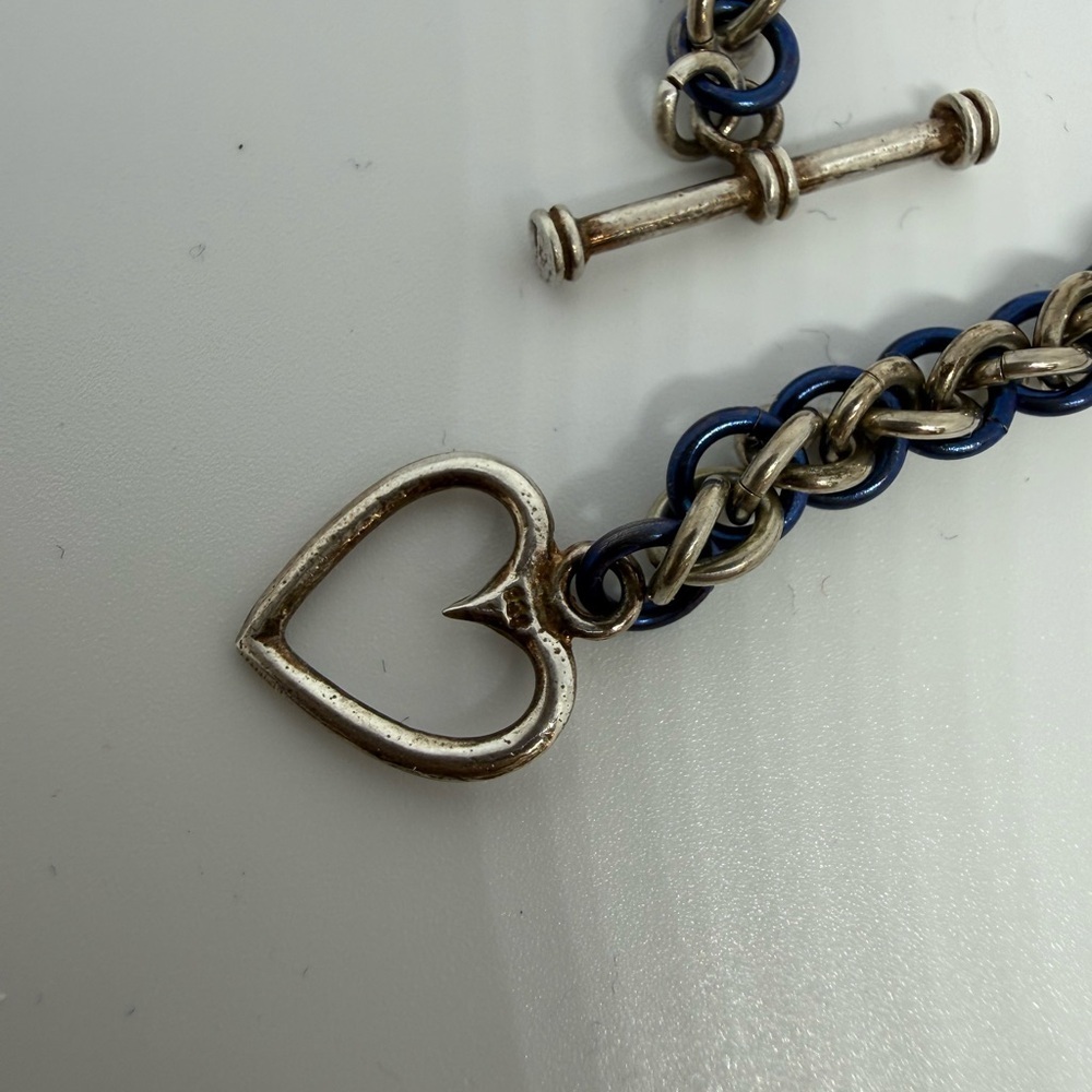Vintage Silver & Blue Chain Necklace Heart Toggle Clasp 20” - Picture 2 of 2
